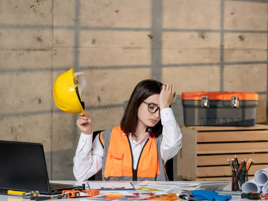 Vrouw in werkplaats met hoofdpijn als gevolg werk zonder oordoppen